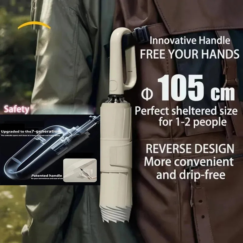Automatic Folding Umbrella Windproof Carabiner Clip Reinforced Frame UV Protect