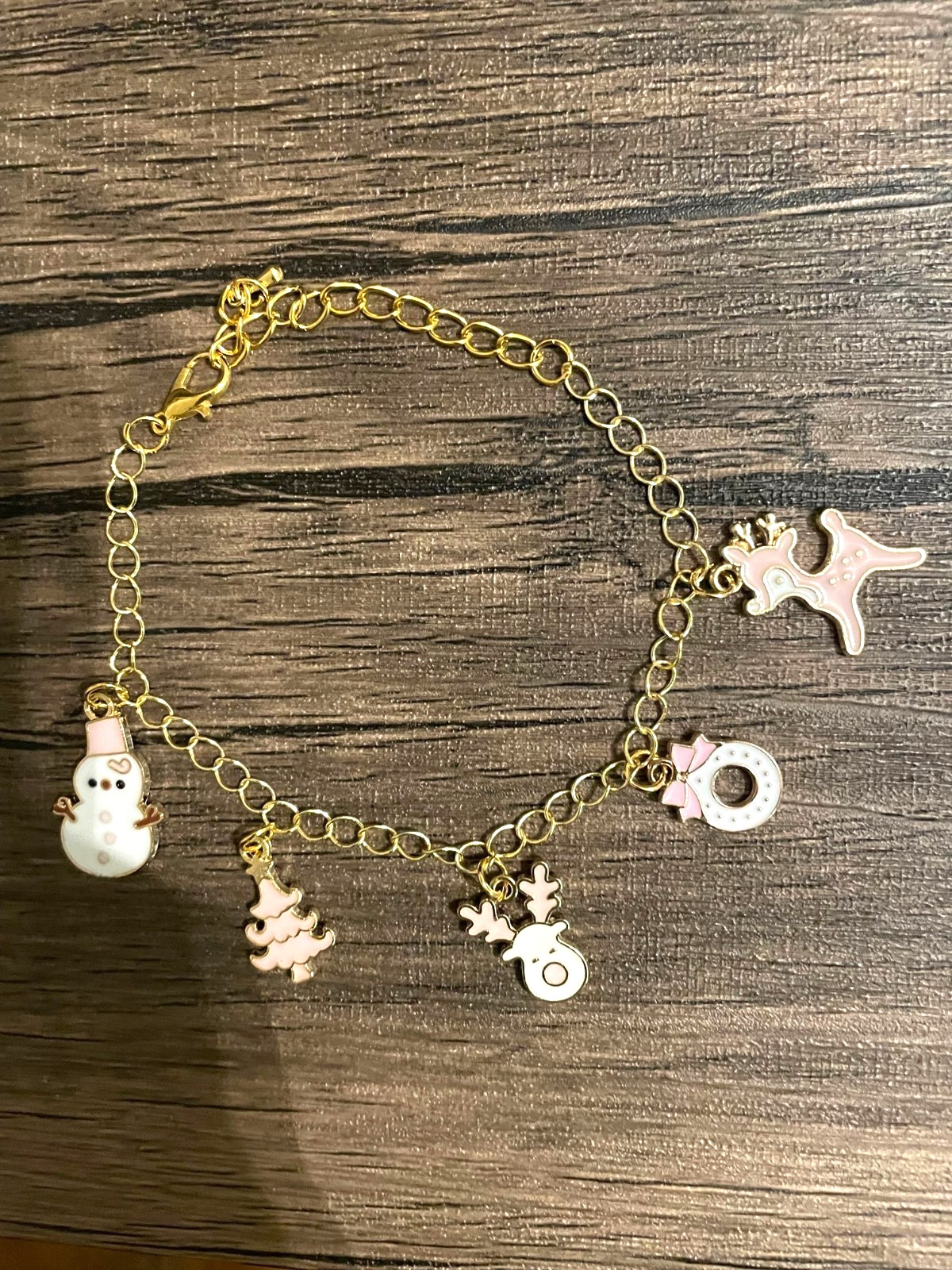 Holiday Christmas Tree, Wreath, Snowman, Reindeer  Handmade Pink Charm Bracelet