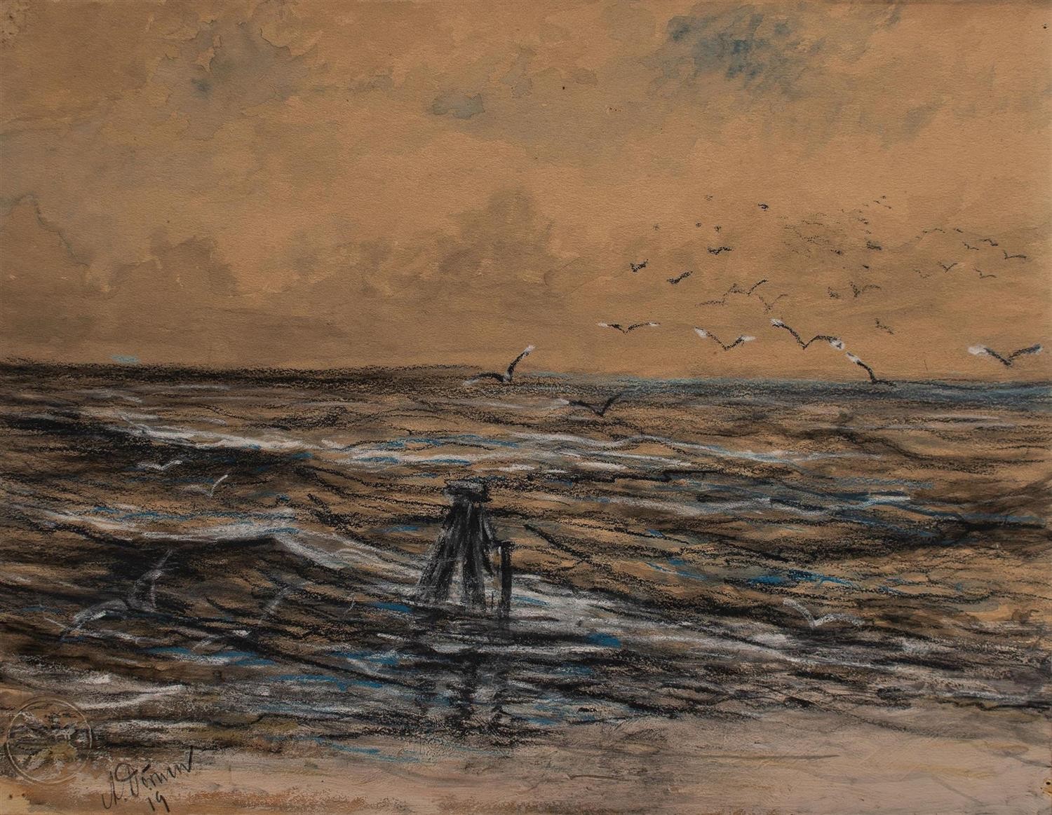 Impressionism Seascape with Seagulls Sea A. Dörnen Signed Mixed Media 1919