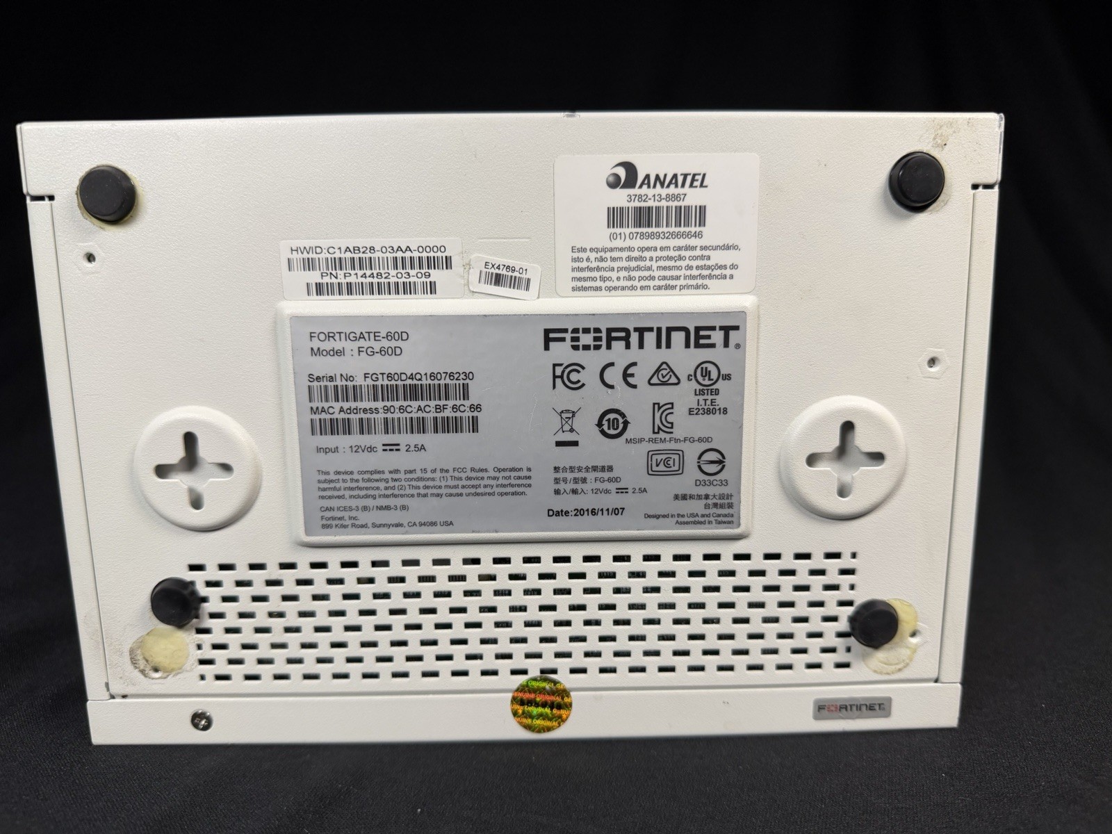 Fortinet Fortigate FG-60D Firewall Security Appliance / No Power Supply