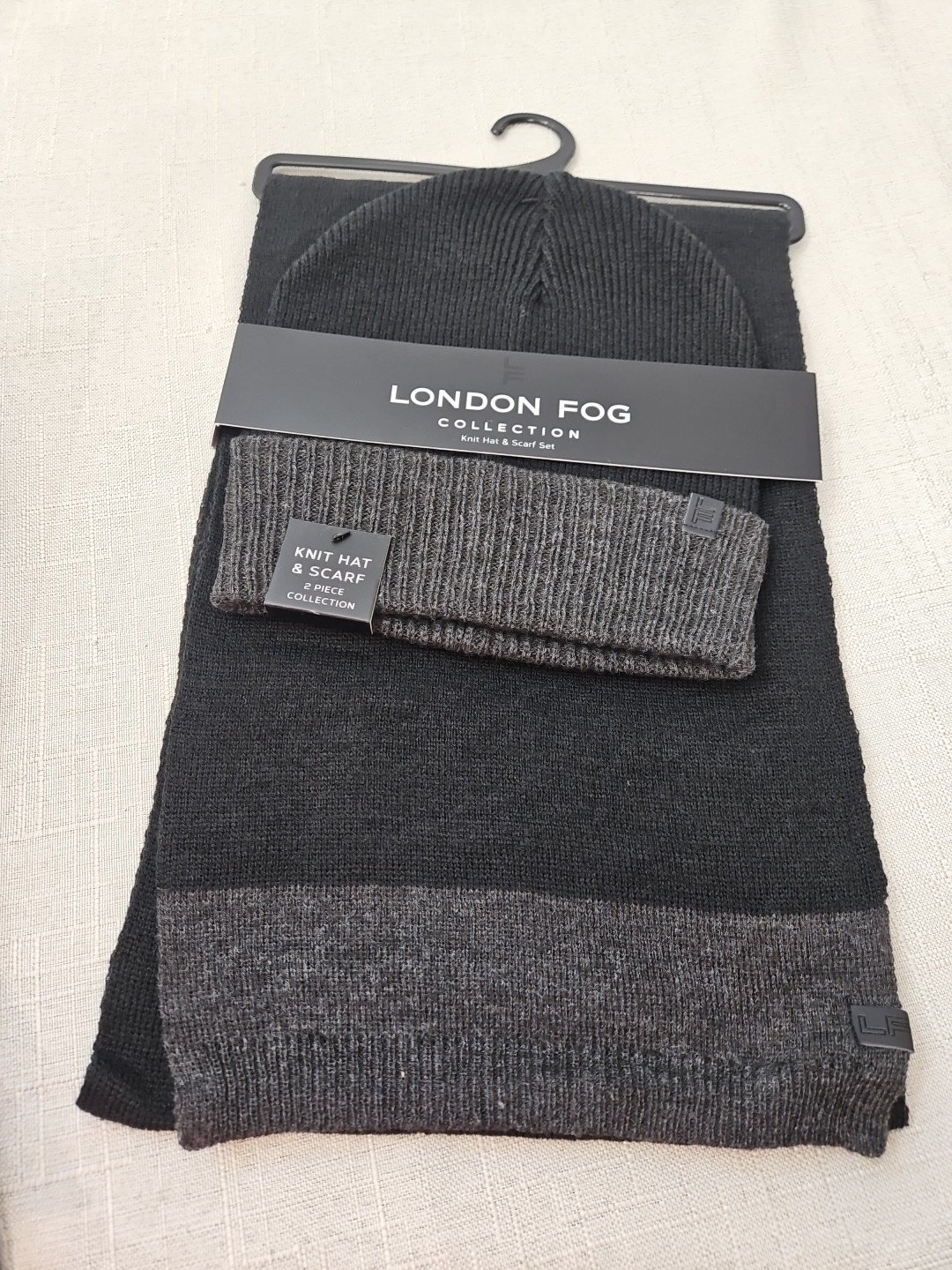 London Fog Mens Black & Gray Knit Winter Scarf & Beanie Hat New With Tags
