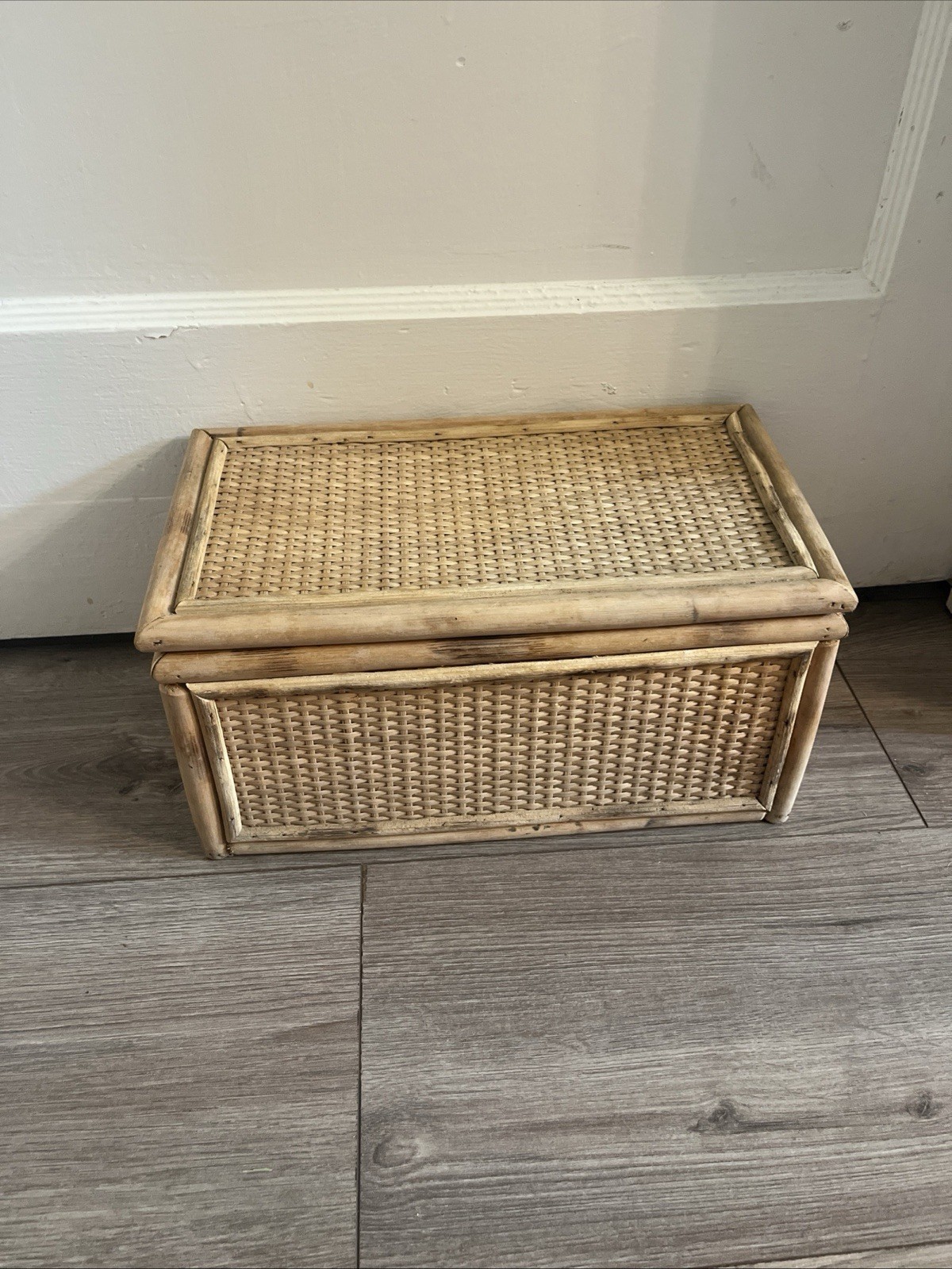 Bamboo Rattan Compartment Chest Brass Hinges Wicker Boho Wood Trunk