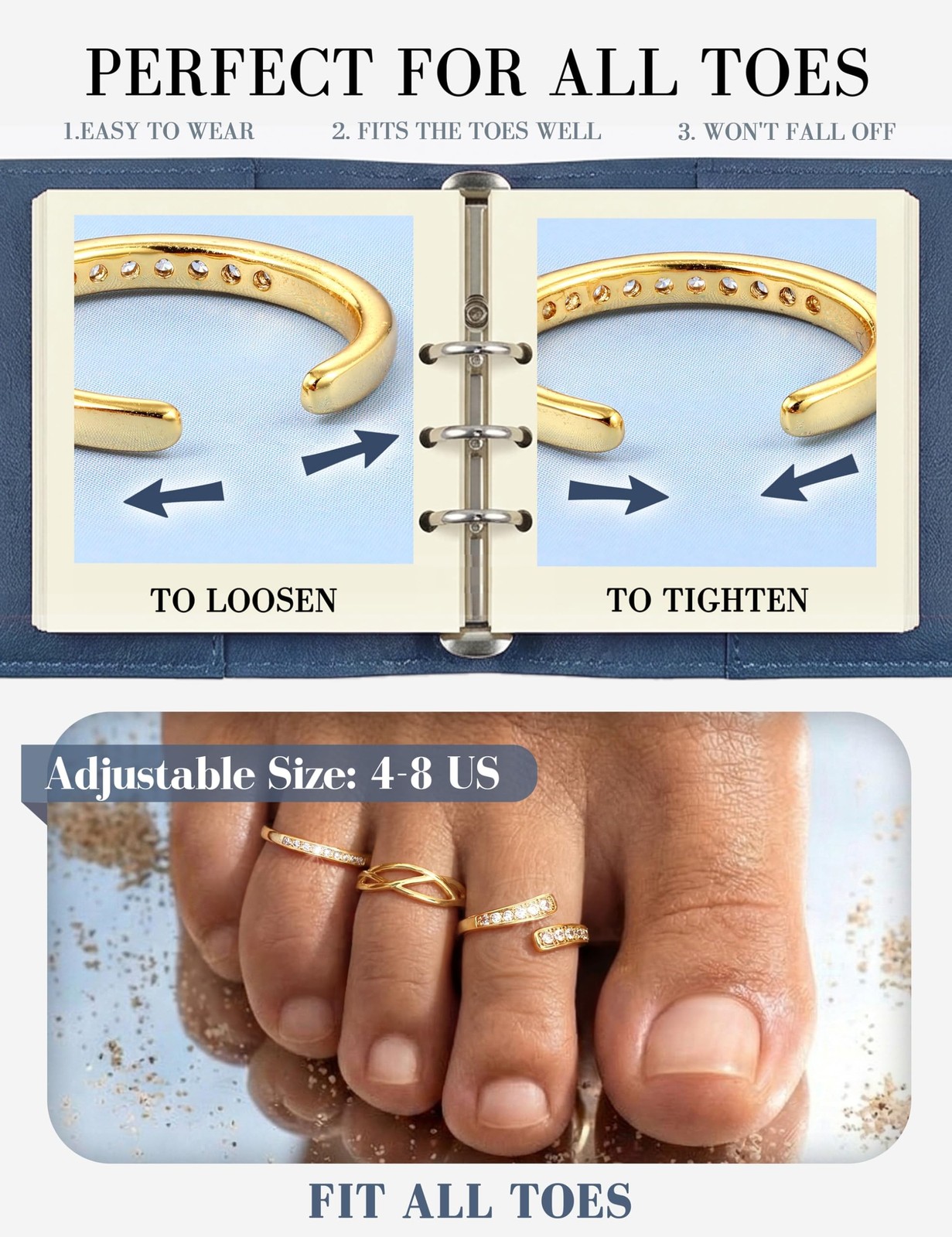 sailimue Gold Filled Toe Rings for Women Non Tarnish Adjustable Silver Ring |...