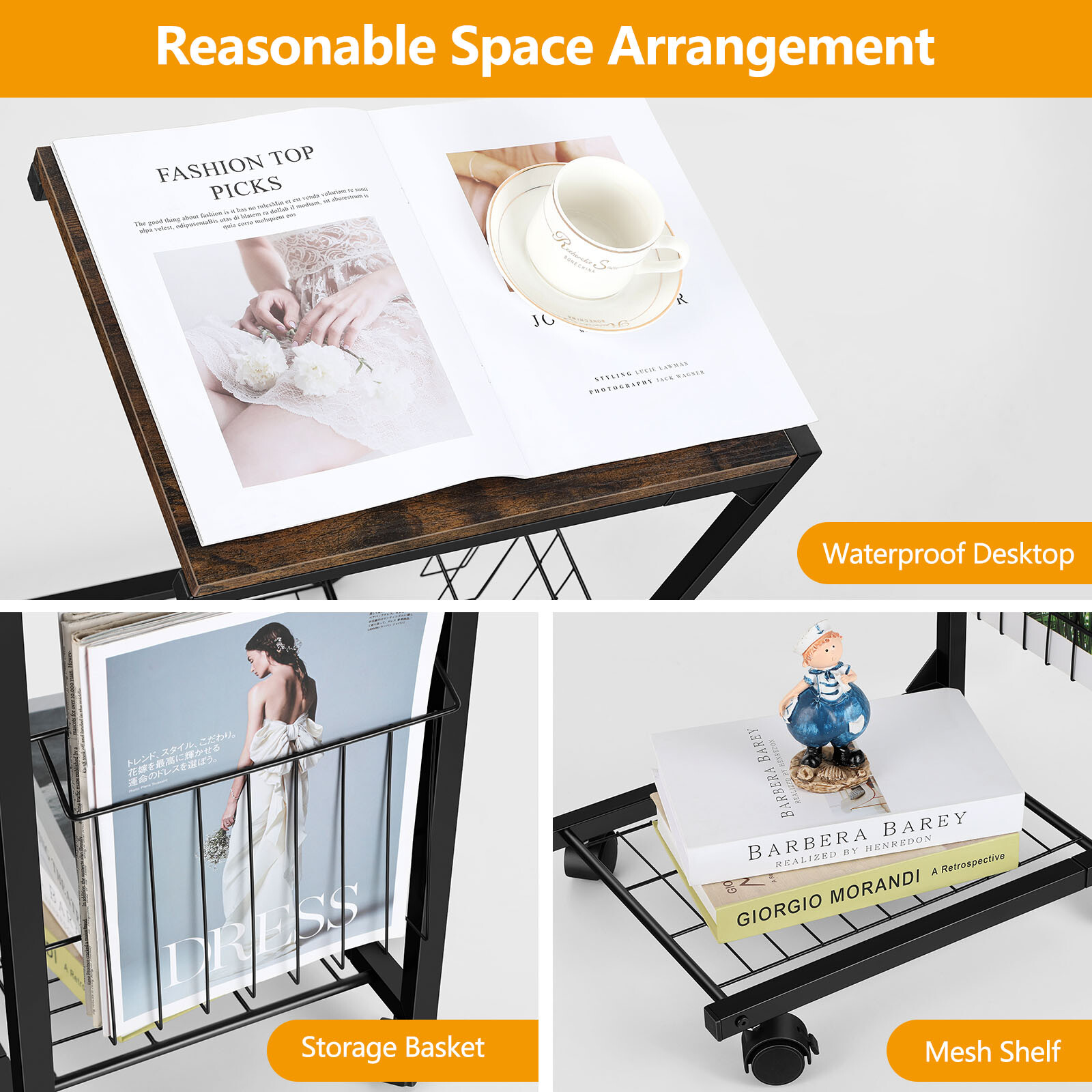 C Shaped Side Table Height Adjustable Sofa End Table Laptop Table Wheels Bedroom