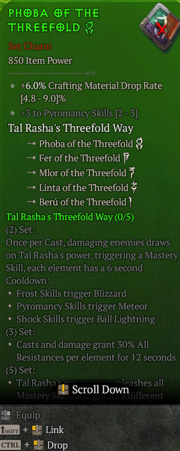 Set Charm Tal Rasha's Threefold Way Full Set 15 To Pyromancy Diablo 4 S14