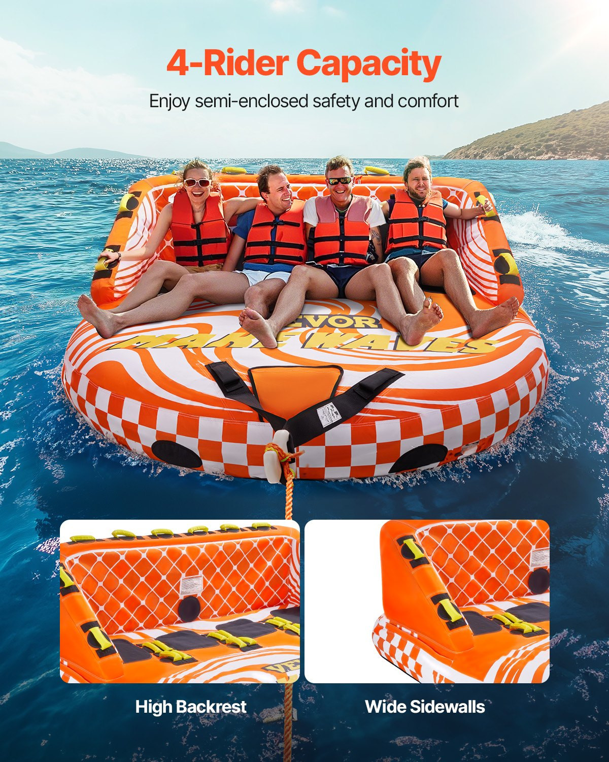 1-4 Rider Towable Tube 680lb 22 Handles Dual Tow Nylon