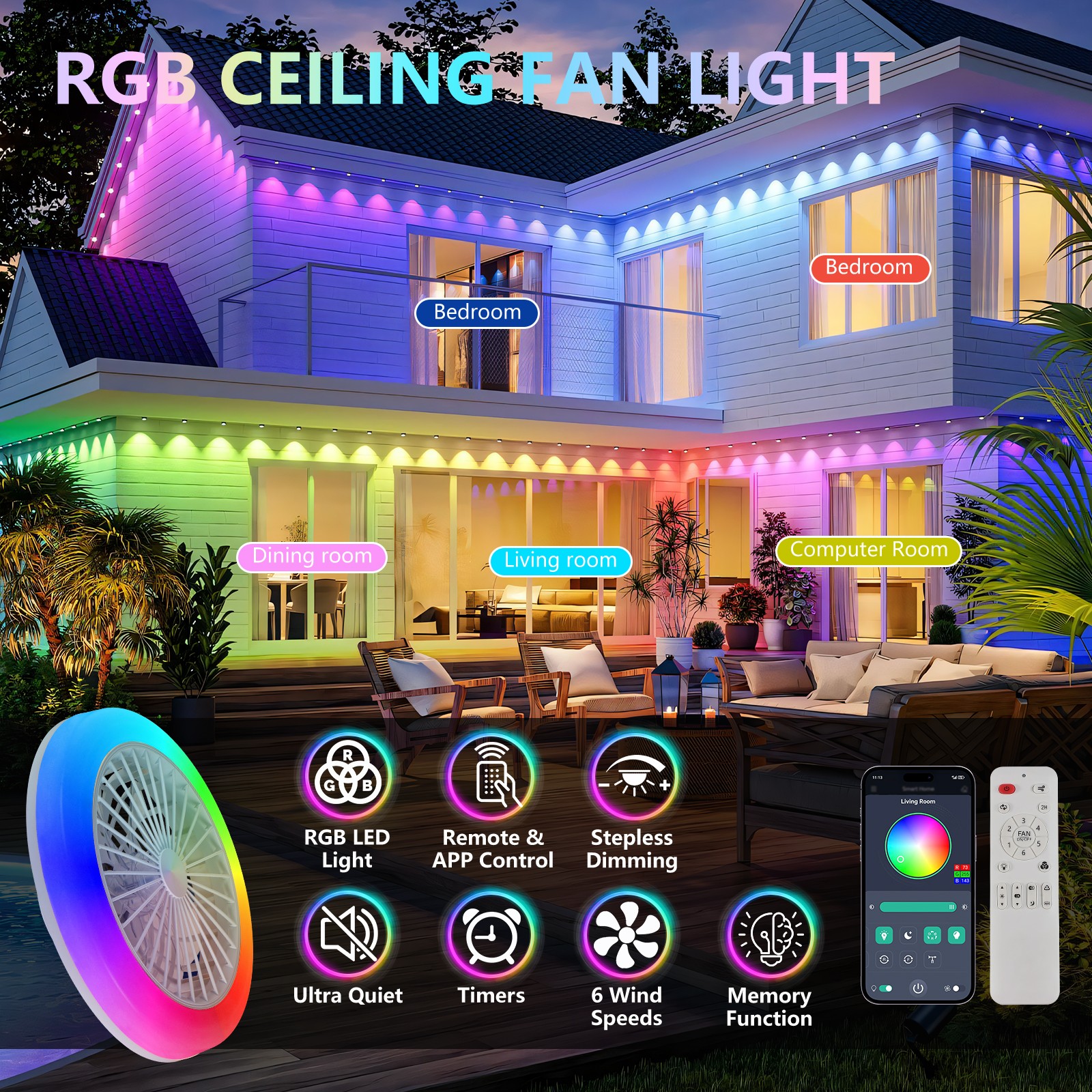 18 in Remote APP Control Smart RGB Ceiling Fan with Light White Flush Mount Kit
