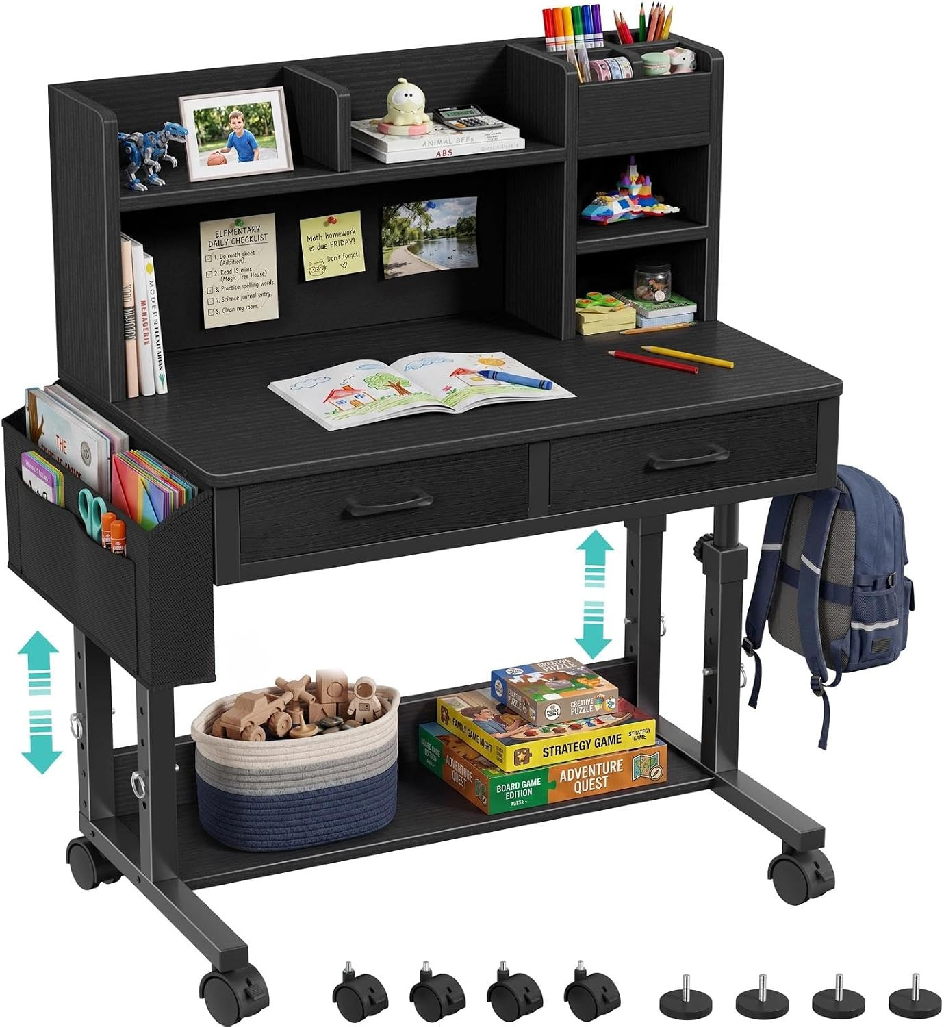 Black Mobile Kids Desk - 32" Height Adjustable Study Table with Hutch | Small Ro