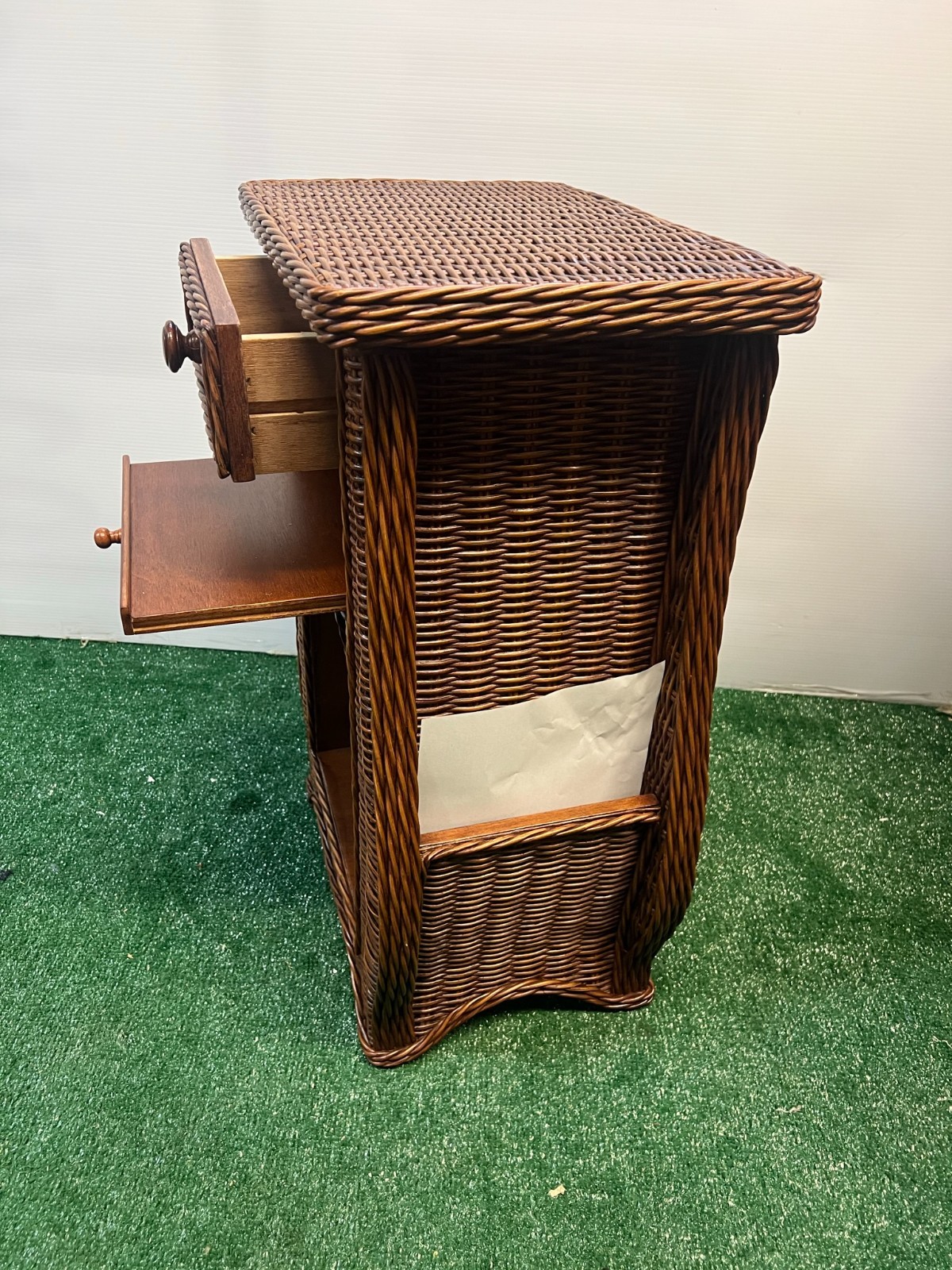 Vintage Wicker Table with Drawer - Dark Pecan, Antique Style, Pullout Shelf