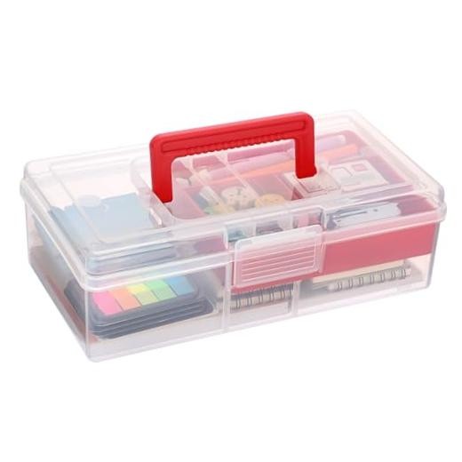 JUXYES Clear Art Craft Supply Storage Bin Sewing Box With Handle Lid | Plastic