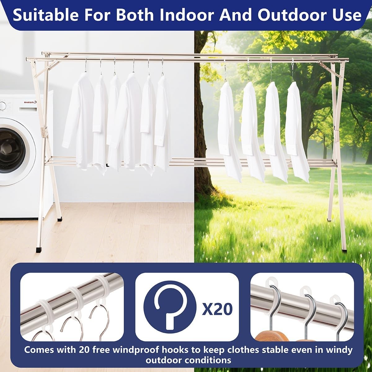 Foldable 95in clothes rack stainless steel adjustable outdoor