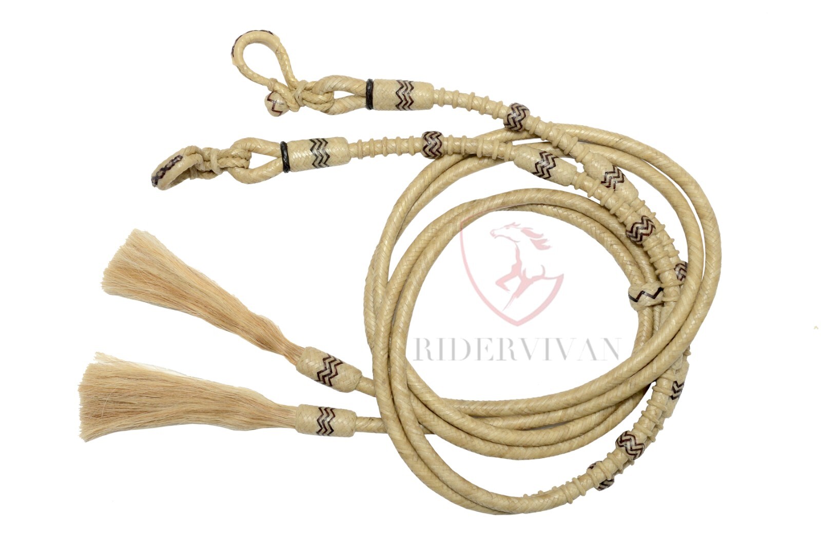 20 Plait Split Reins, Natural Rawhide 84" Reins, Horse Hair Tassels Split Reins.