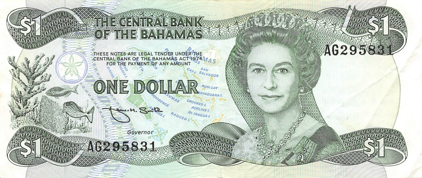 Bahamas  $1  Act. 1974  Series  AG  Que. II  Circulated Banknote XMt