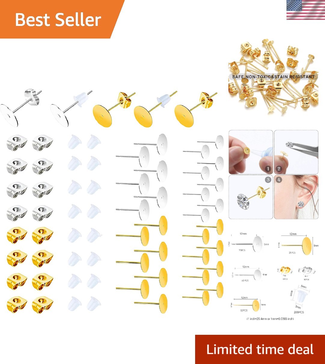 Versatile 450PCS Earring Posts and Backs Set - Hypoallergenic for Sensitive Ears