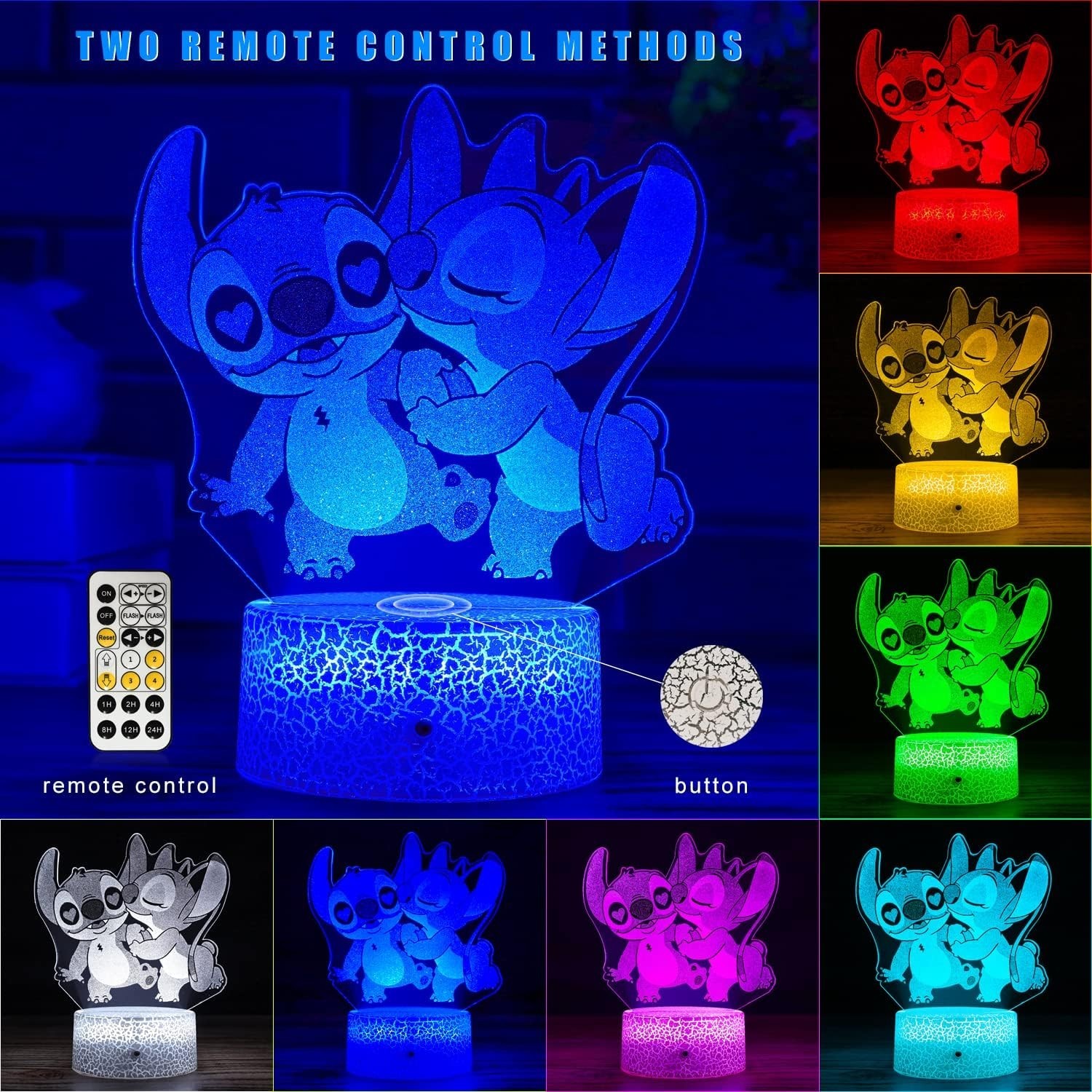 Stitch & Angel 3D LED Night Light Lamp w/ Remote – Color Changing Desk Lamp
