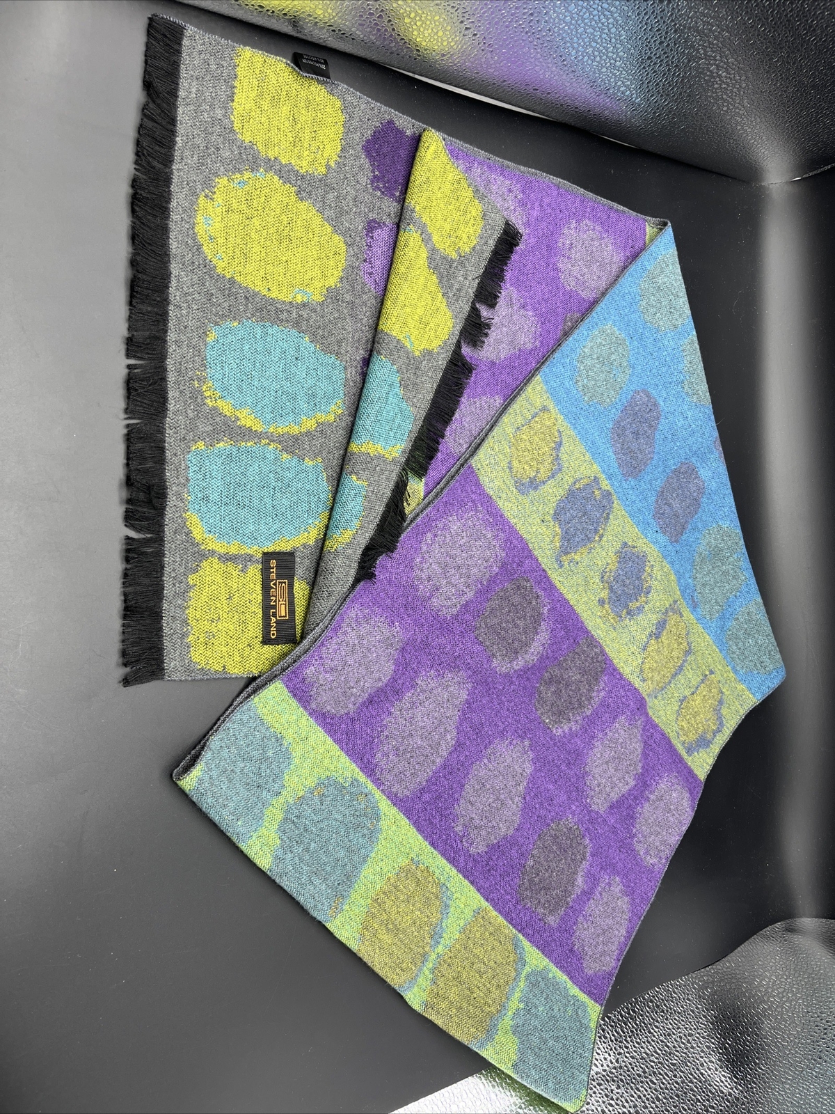Steven Land Scarf Purple Green Gray Ovals 13 x 68 Reversible