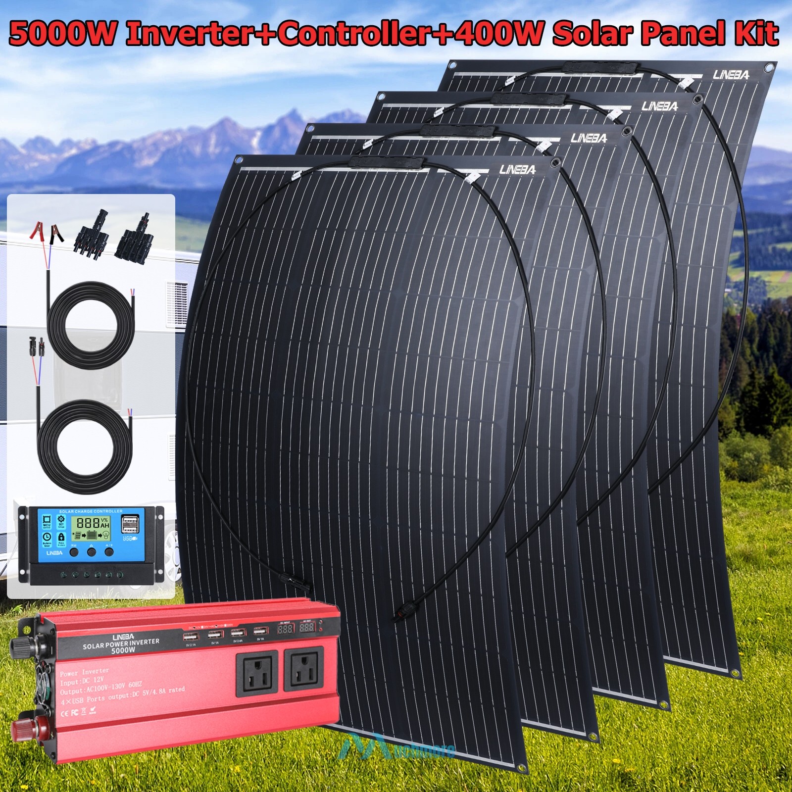 400W Flexible Solar Panels Kit with 5000W Power Inverter for RVs Off-Grid System