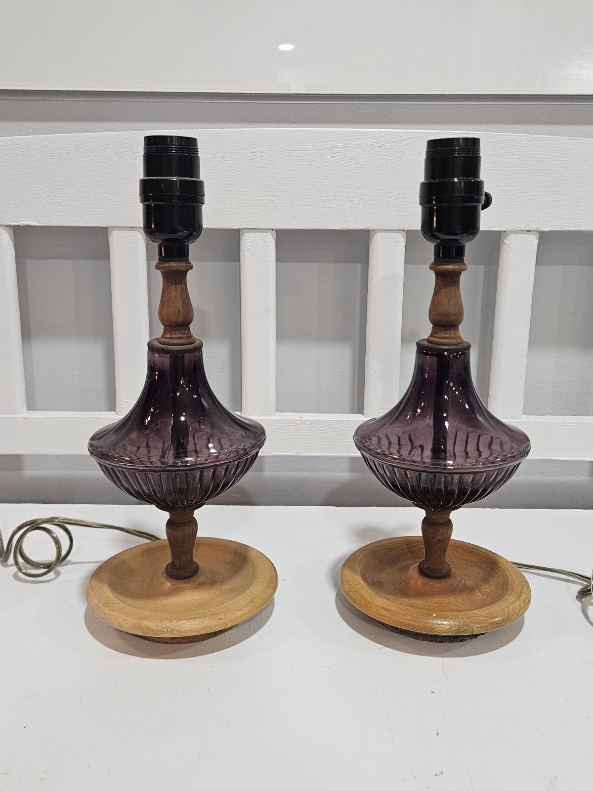 MCM Amethyst Glass & Wood Table Lamps, Set Of 2, Need Shades