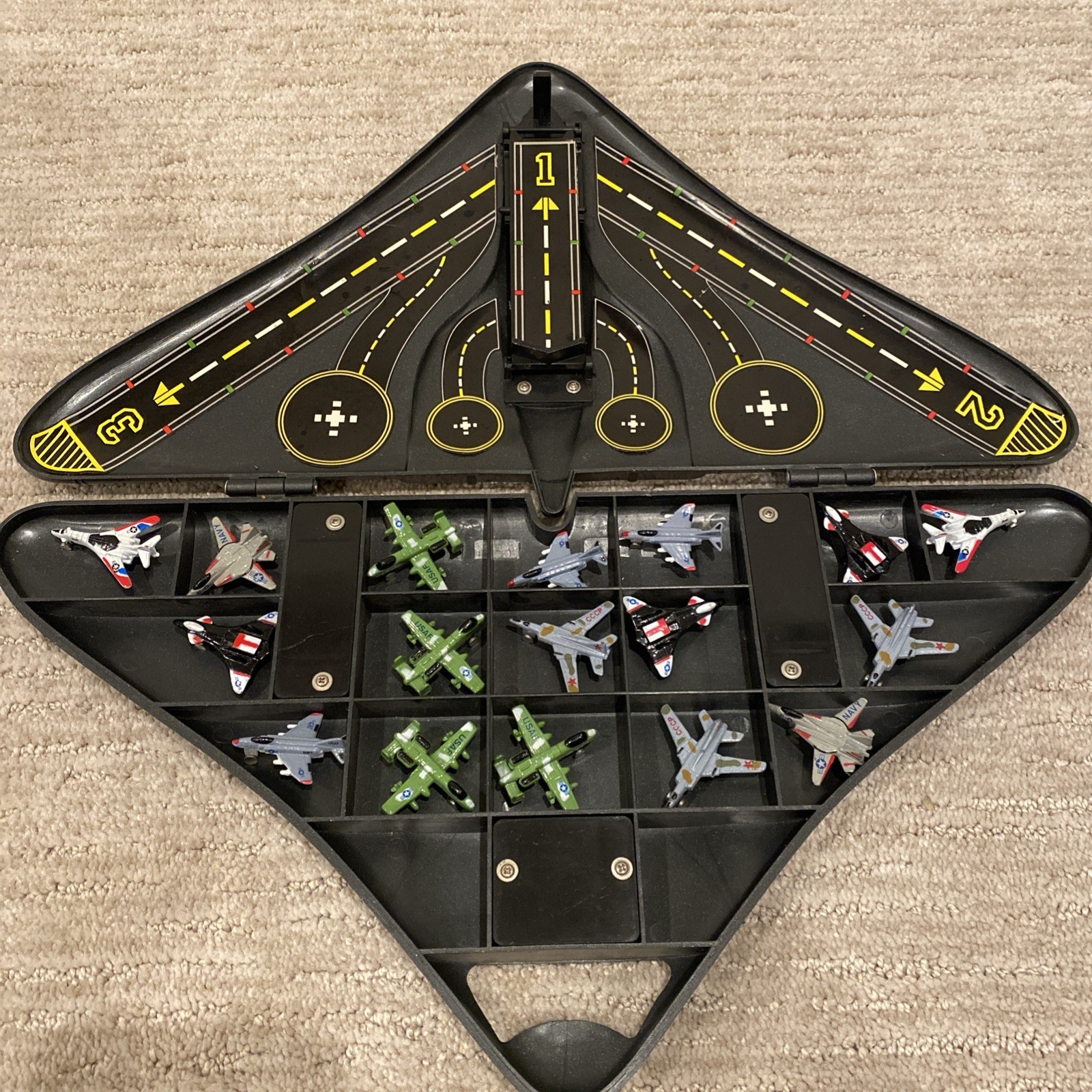 1989 Micro Machines Black Grey Stealth Bomber Carring Case W/ 17 Aircraft Toys