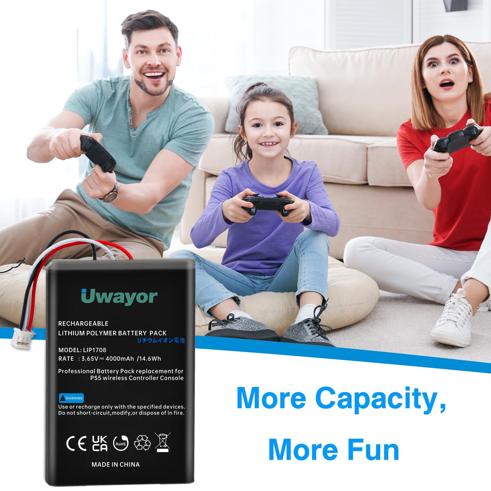 Uwayor PS5 Controller Battery, 4000mAh LIP1708 Battery 2 Pack, Black