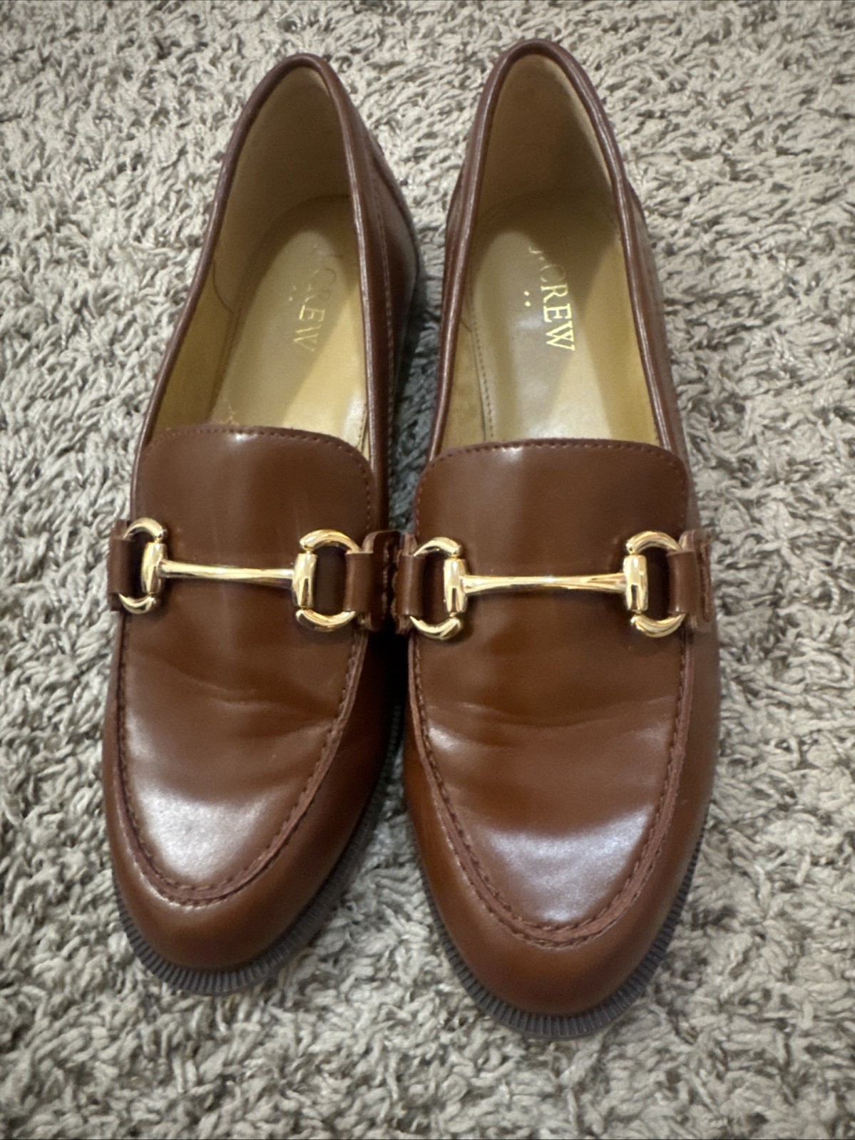 J Crew Brown Loafers Vegan Leather Gold Horsebit Buckle Moc Womens 7.5 Preppy