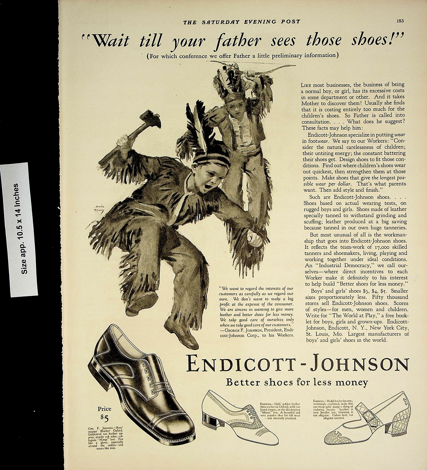 1926 Endicott-Johnson Shoes American Indian Boy Costume Vintage Print Ad 4446