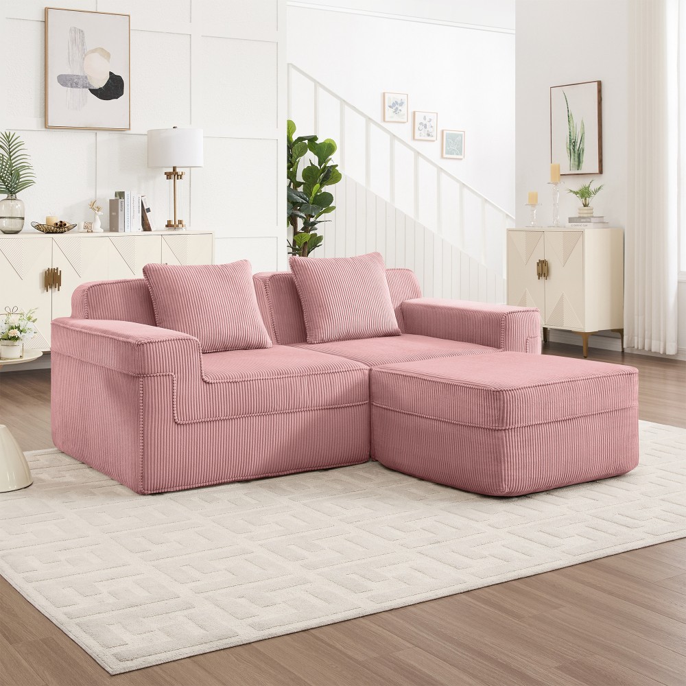 Modular 2-Seat Cloud Sofa w/ Ottoman & Pillows, Pink Corduroy