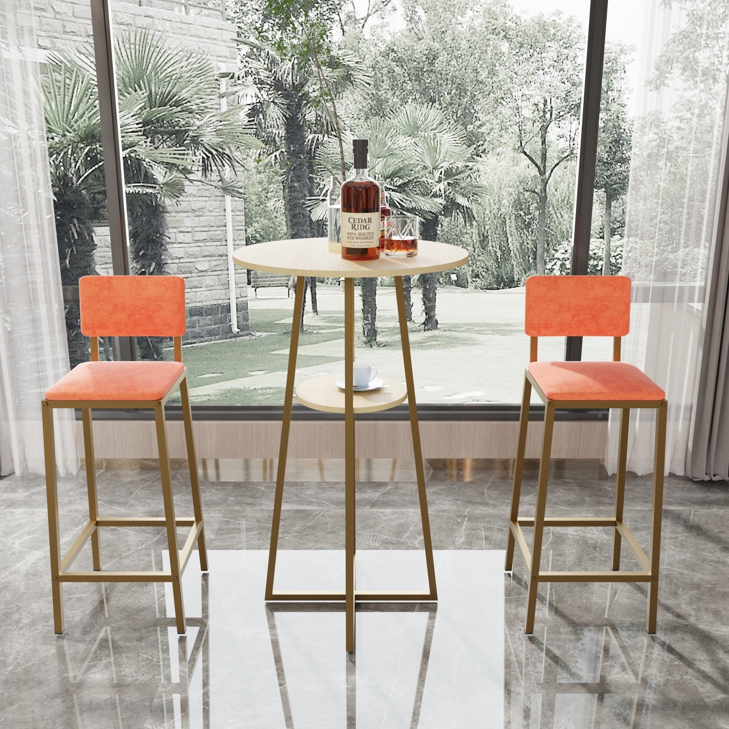 3 Piece Bar Table Set Counter Height Kitchen Round Dining Table w/ 2 Bar Chairs
