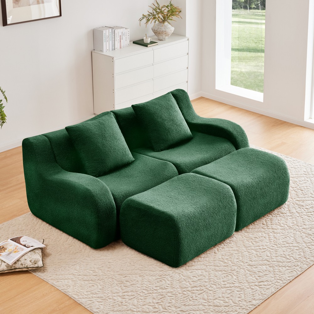 Soft Teddy Chaise Lounge Sofa w/ Anti-Slip Base, Ergonomic Support, Green
