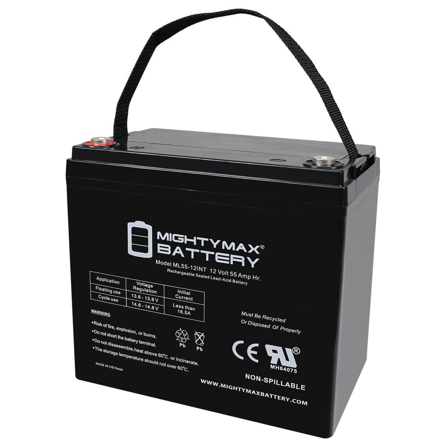 Mighty Max ML55-12INT -12 Volt 55 AH, Internal Thread (INT) Terminal, Rechargeab