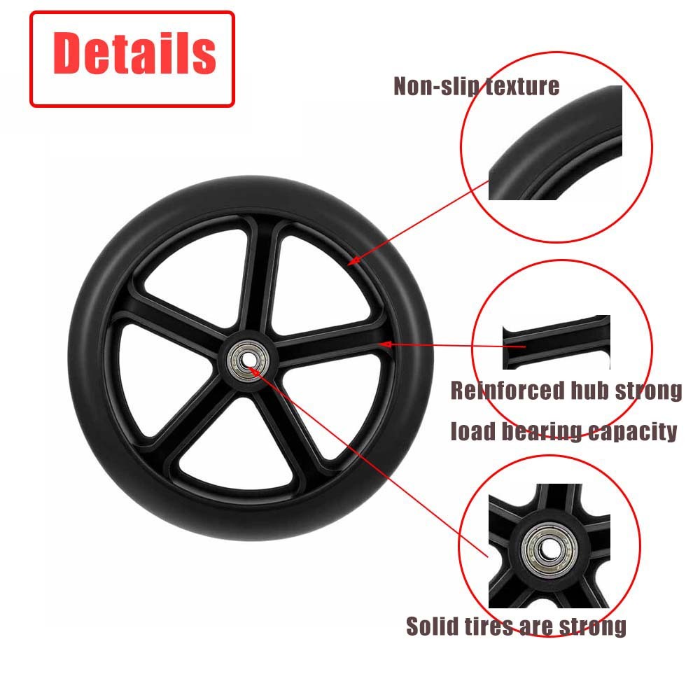 2Pcs 8 Inch Walker Wheels Replacement Solid Anti Slip Rollator Wheel Set Black