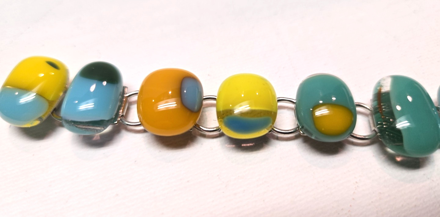 FUSED GLASS LINK BRACELET Multicolor Blue Green Orange