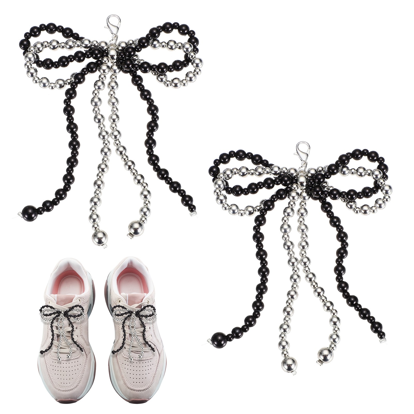 2 Pcs Pearl Bow Shoe Charm Double Butterfly Shoe Decoration, Grey Black