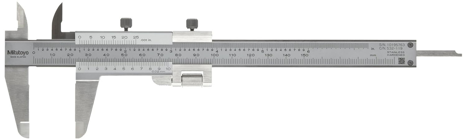 532-119 Vernier Caliper, Stainless Steel, Inch/Metric, 0-5" Range, +/-0.0011" Ac