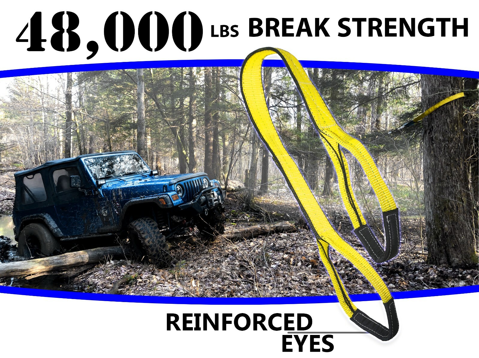 3" x 20' Tree Saver Tow Strap Sling 2-ply Reinforced ATV Jeep Recovery Eye & Eye
