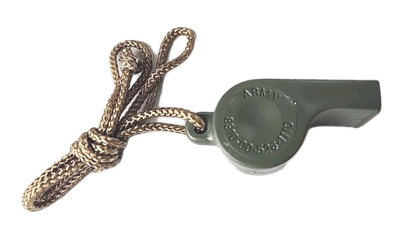 Vtg U.S. Military Green Plastic Army Whistle 1971 by G.P.I. & Lanyard G.I. Style