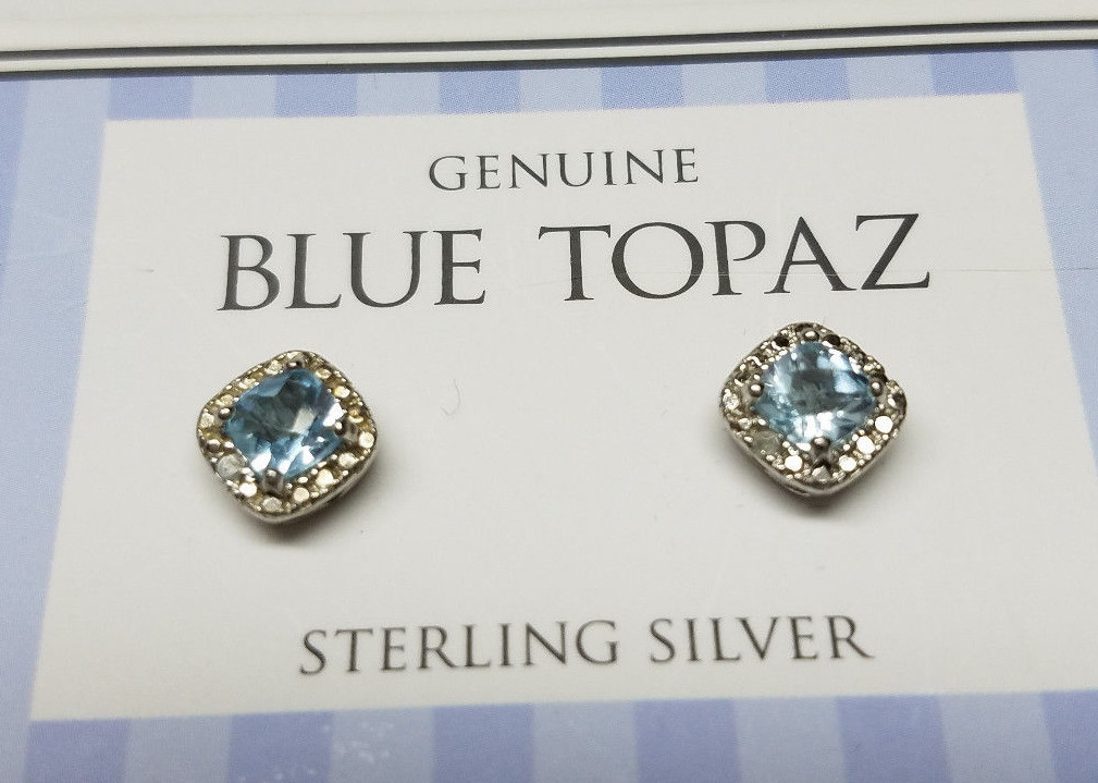 GENUINE BLUE TOPAZ SQUARE CUT STONE 925 STERLING SILVER Men Ladies STUD EARRINGS