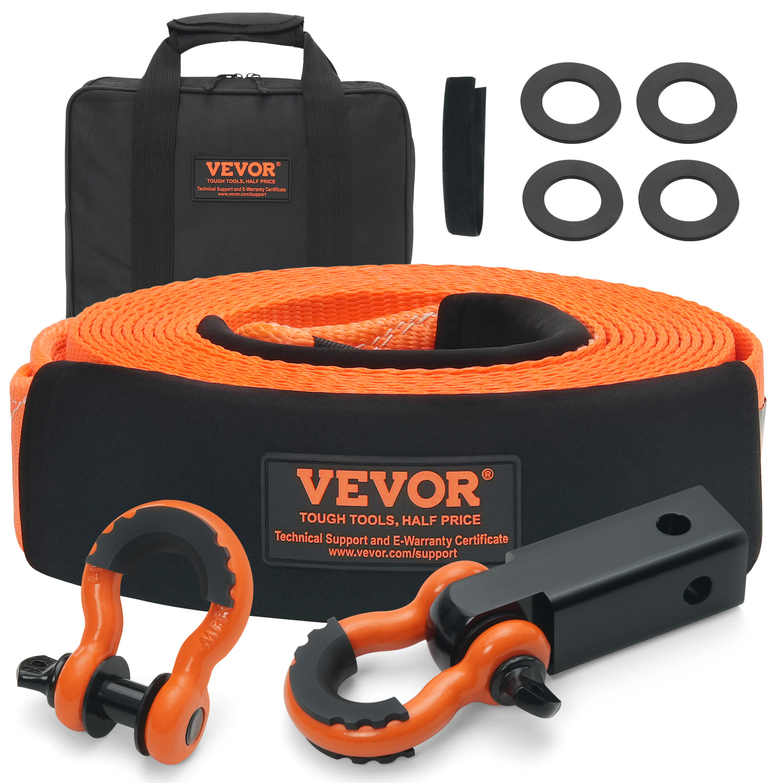 VEVOR 3"x 30' Tow Strap 36000 lbs Recovery Rope w/ D-ring Shackles and Connector