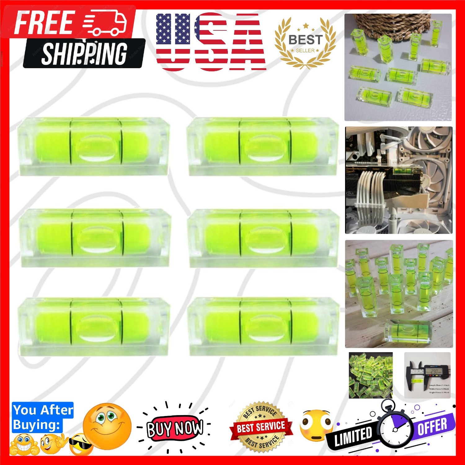 6Pcs Small Bubble Levels 10x10x29mm Mini Square Spirit Level Measuring Layout...