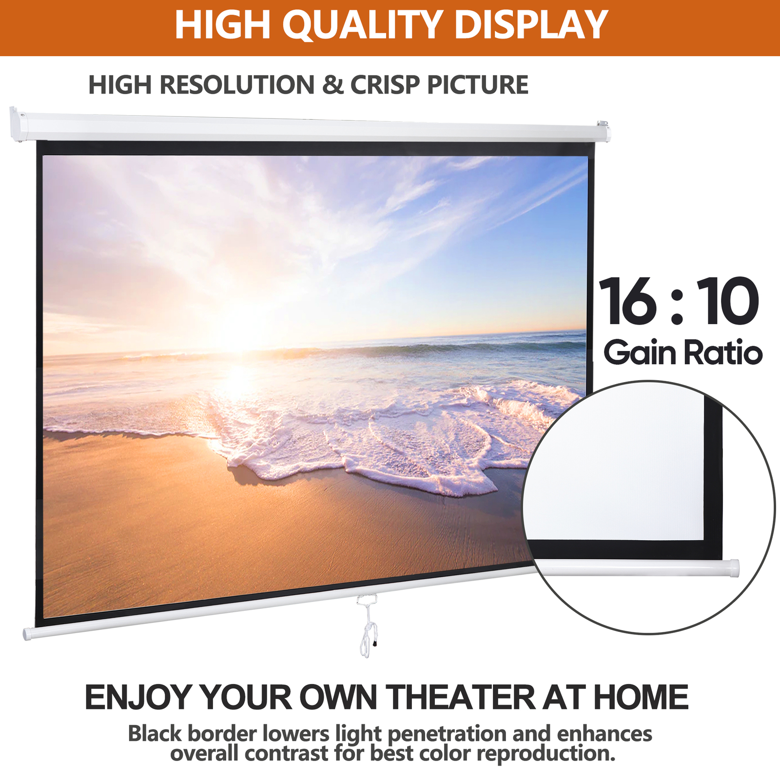 100"Manual Projection Screen Pull Down 16:10 HD Projector 4K Widescreen for Home