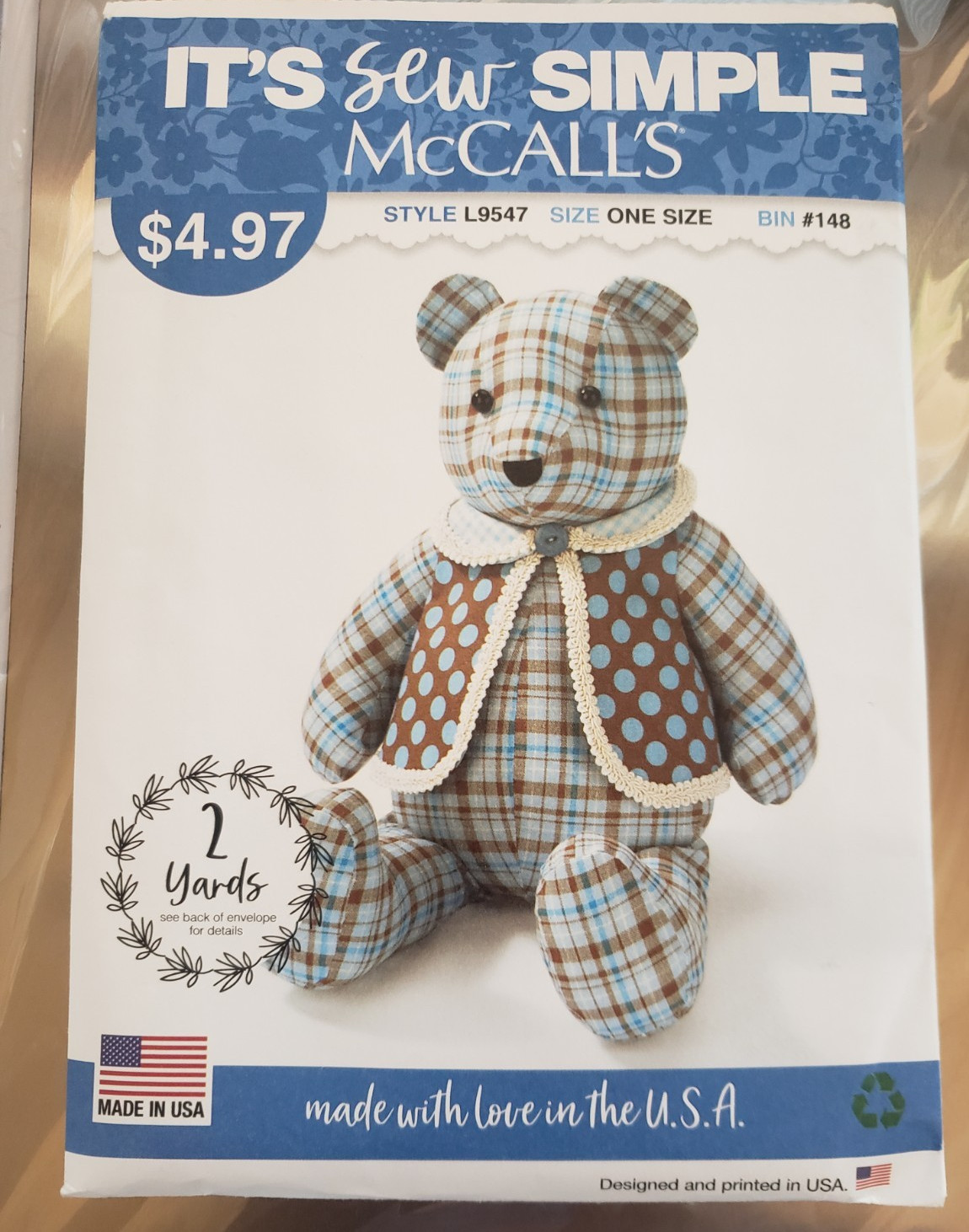 McCall's Sewing Pattern L9547 It's Sew Simple 18 inch Memory Teddy Bear and Vest