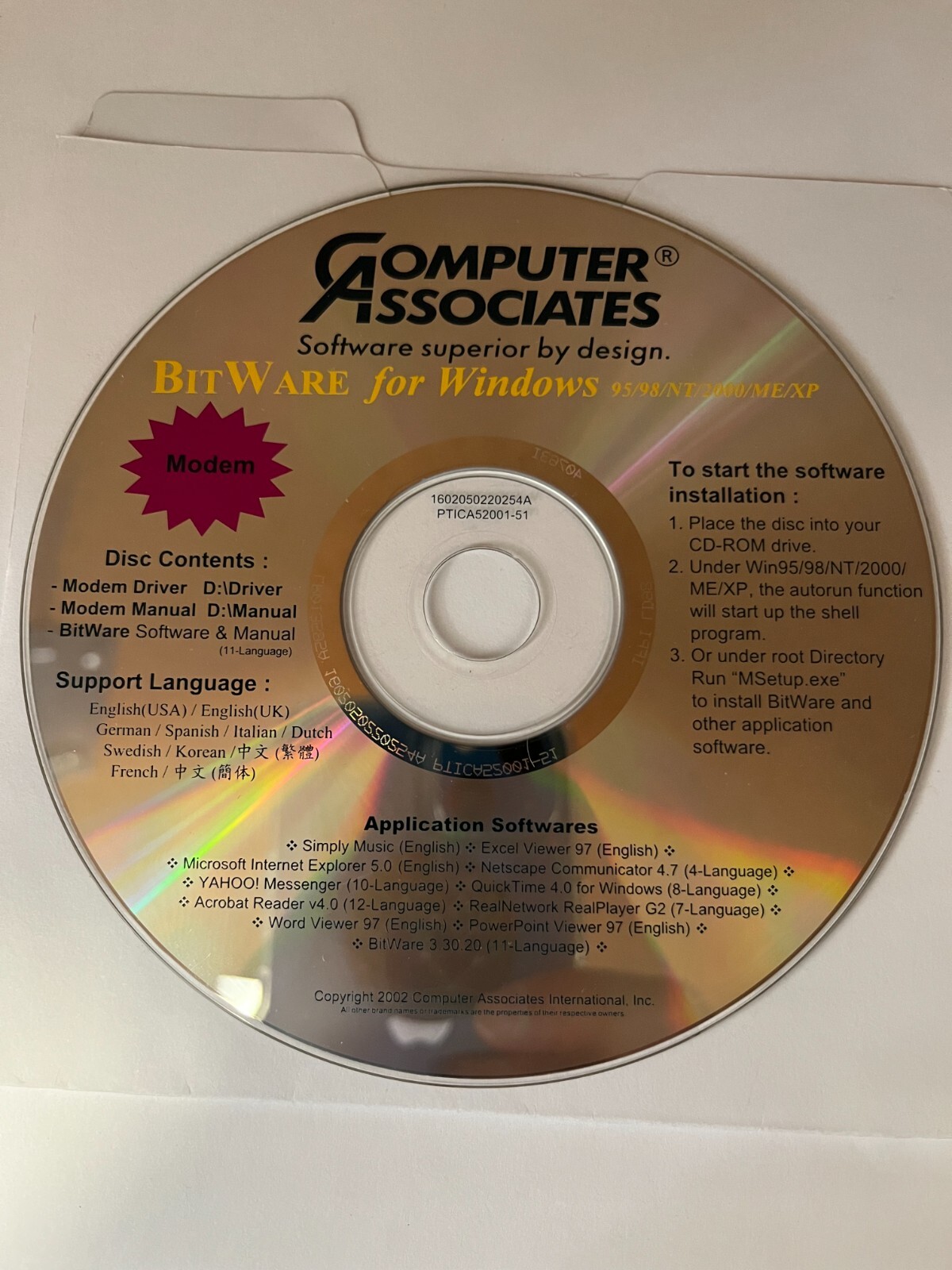 Computer Associates BitWare for Windows 95/98/NT/2000/ME/XP CD-ROM
