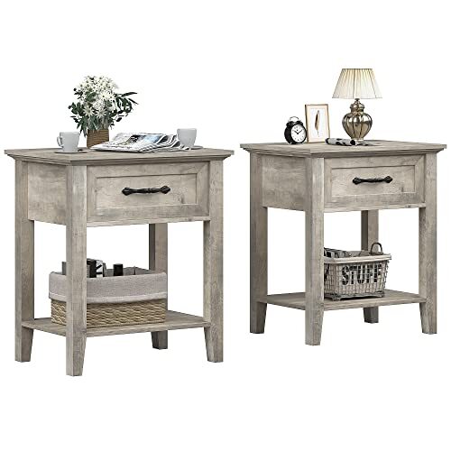 Nightstands Set of 2, End Table with Drawer, Side Table for Spaces, 2pcs Grey