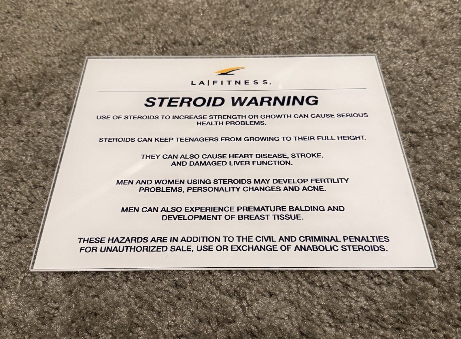 LA Fitness Steroid Warning Clear Acrylic 8 x 10 Sign -Bodybuilding Weightlifting