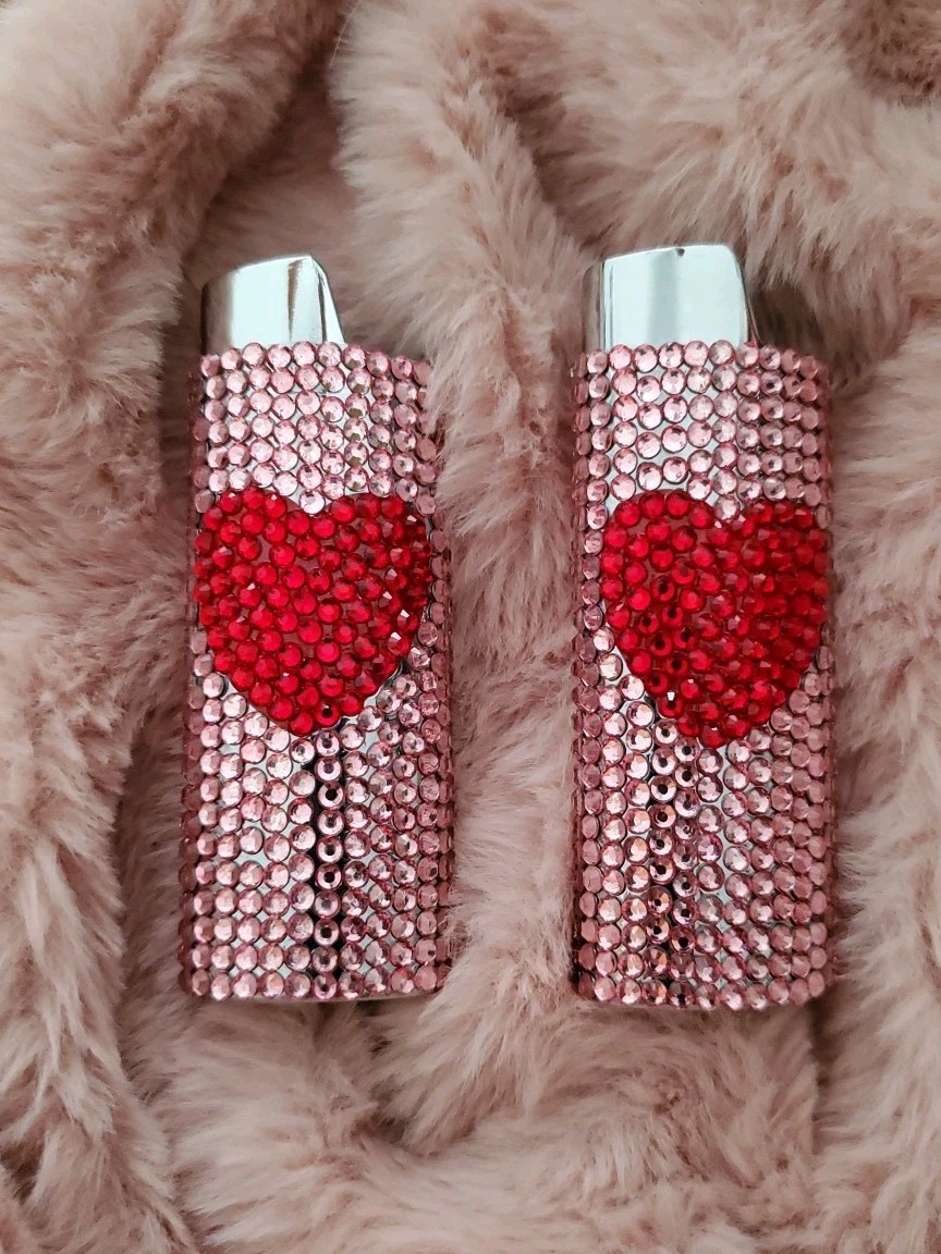 Lot of 2 - Lighter Cover Sleeves with Pink & Red Rhinestones - Heart