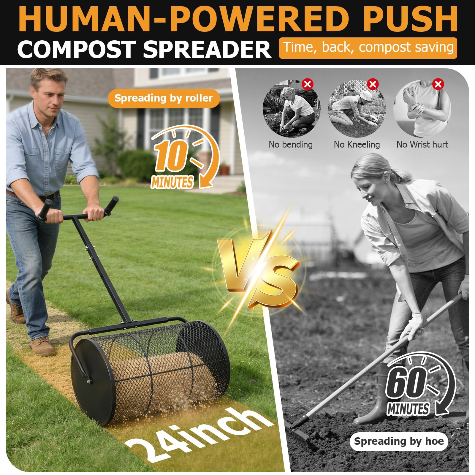 REILEIHODE Compost Spreader 24in Peat Moss Spreader U Shaped Comfortable Han...