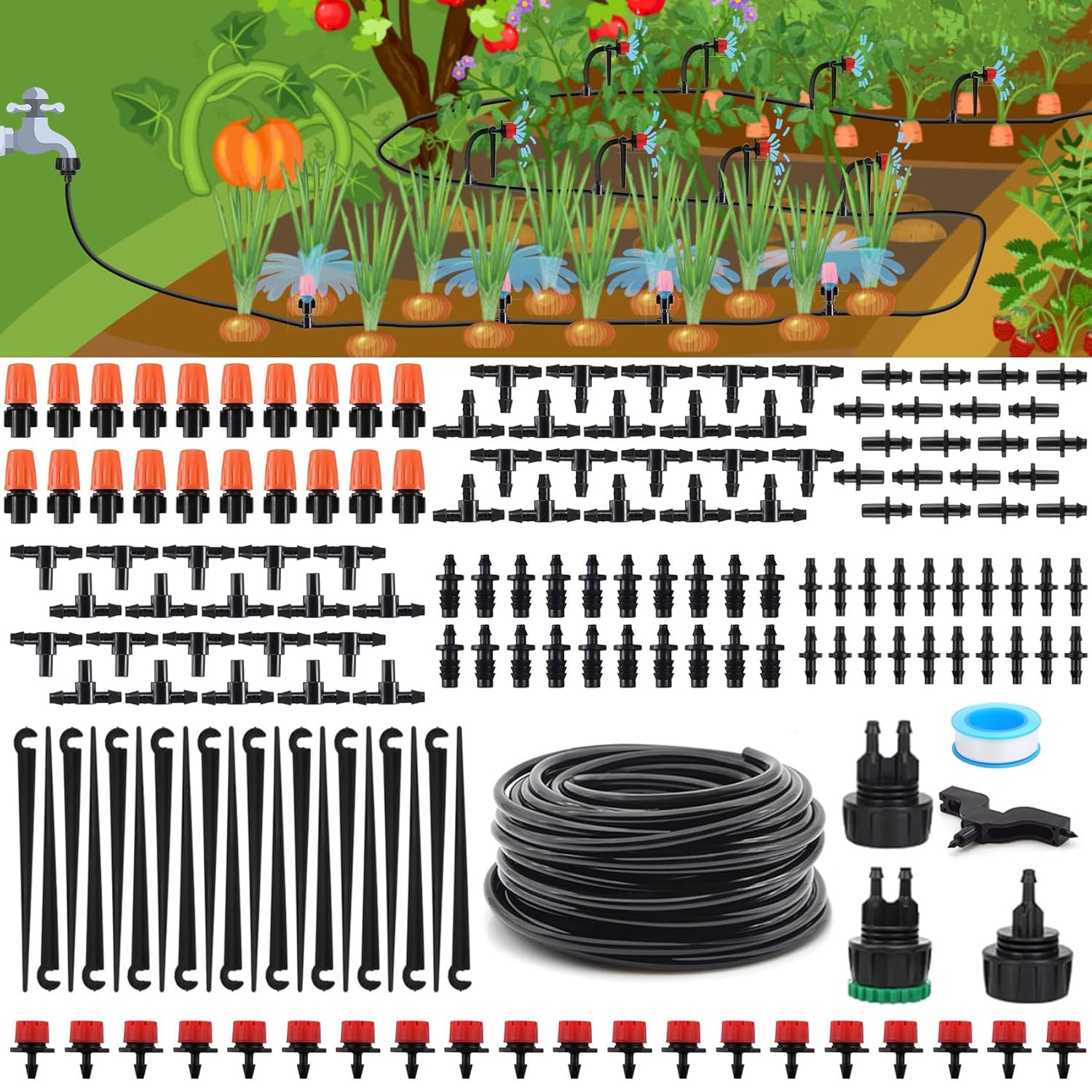 Drip Irrigation Kit, Drip Irrigation System for Garden with 1/4" Irrigation Tubi