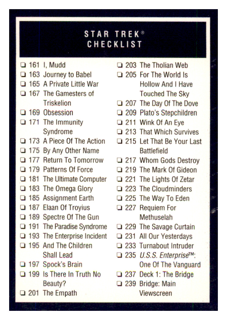 1991 STAR TREK Checklist Trading Card #309 Paramount Pictures