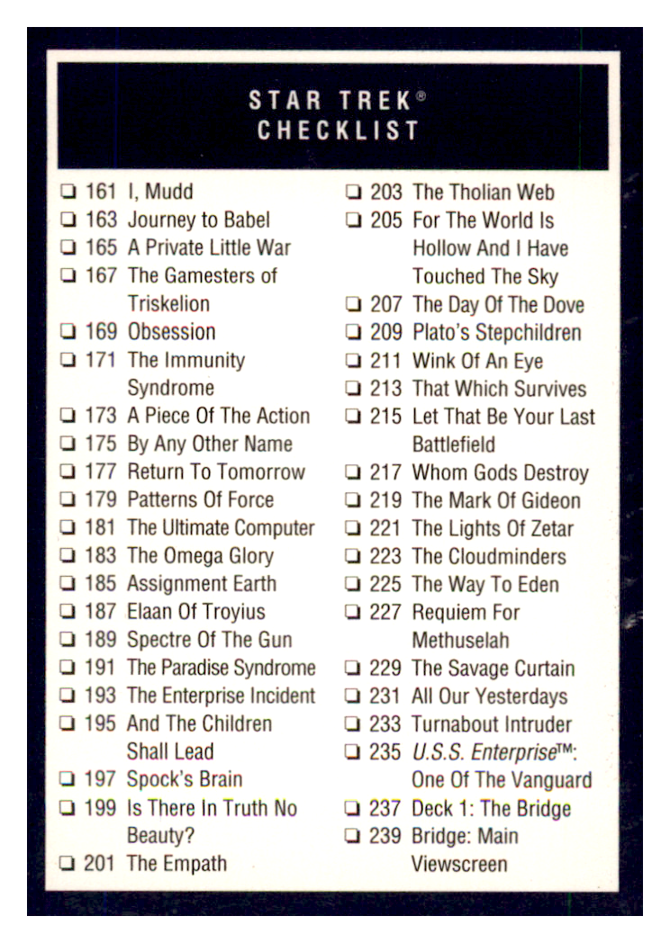 1991 STAR TREK Checklist Trading Card #309 Paramount Pictures