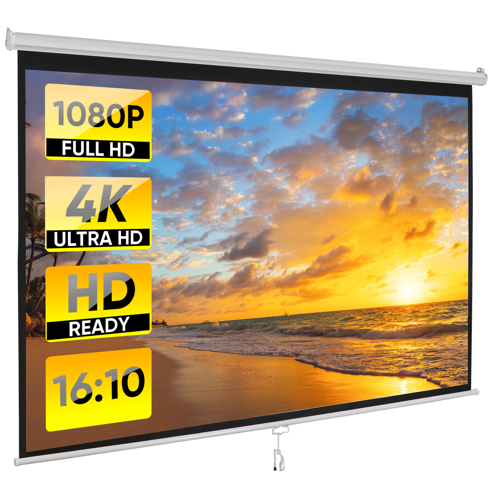 100"Manual Projection Screen Pull Down 16:10 HD Projector 4K Widescreen for Home